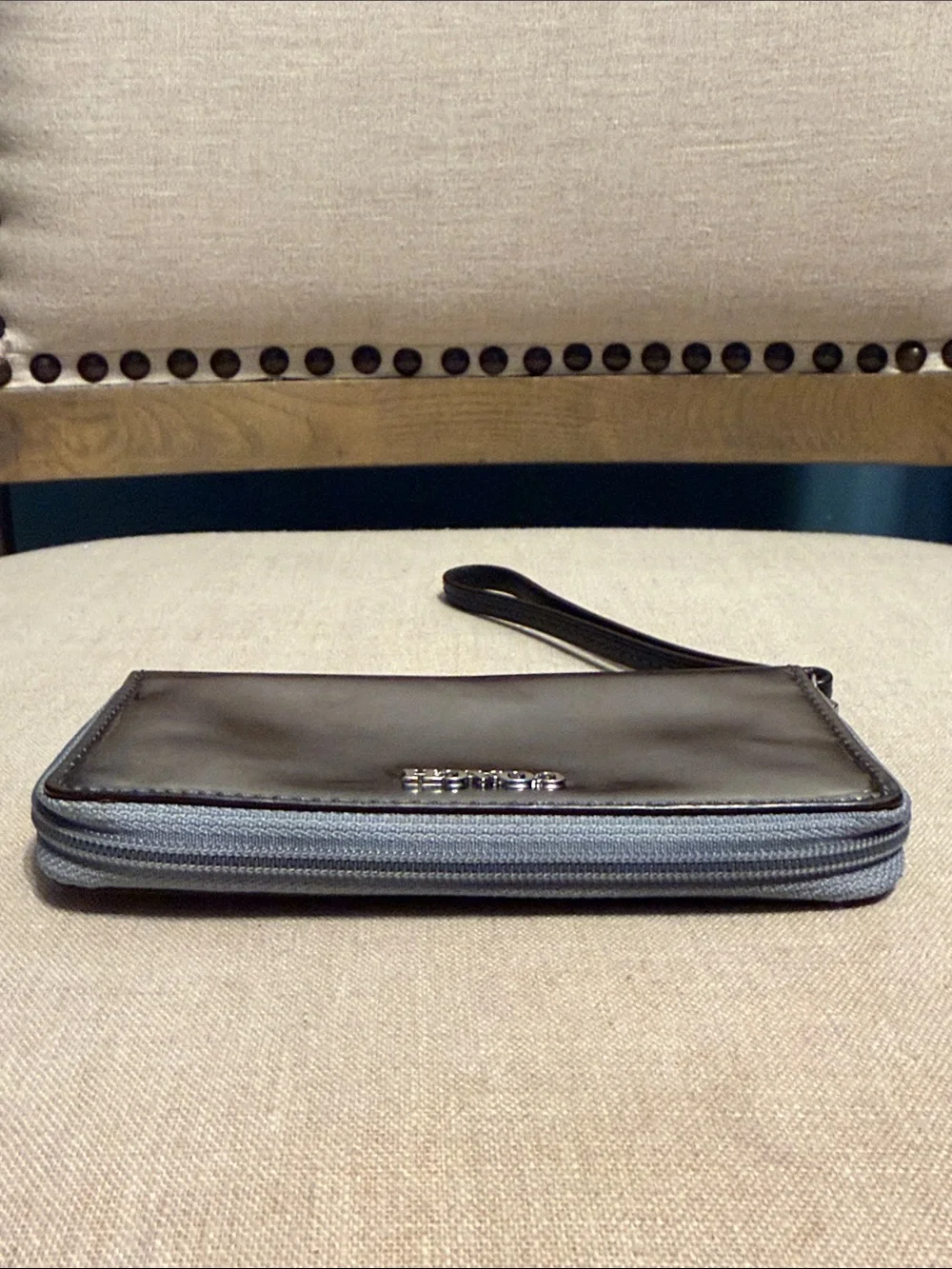 Coach Iridescent Metallic Wristlet in Silver-Blue Sheen